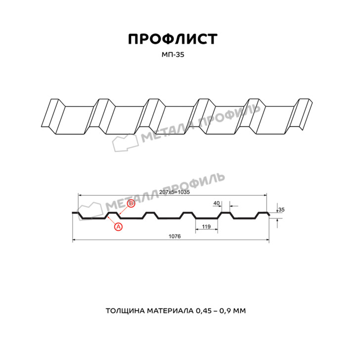 Профлист Металл Профиль МП35 0.7 Полиэстер RAL 3020 Красный насыщенный A фото 2